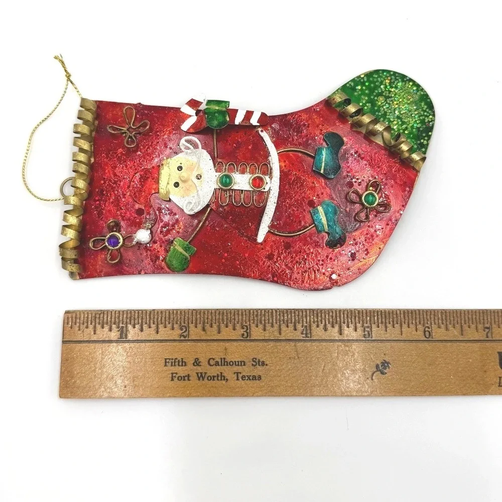 Christmas Stocking Ornament‎ Metal Santa Claus Candy Cane Red Green Glitter